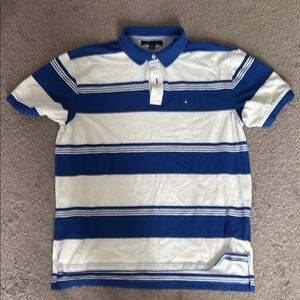 Tommy Hilfiger Men's Blue and White Striped Polo Shirt